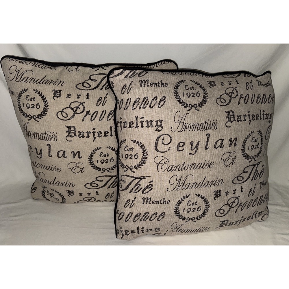 Set Of Black & Tan French Throw Pillows With Names Of Tea - 18"x19"